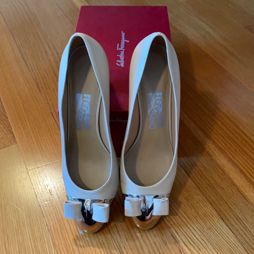 Nude metal tip ferragamo heels